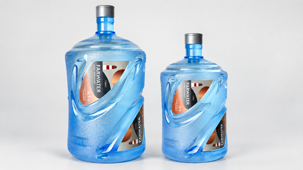 Две реальные бутыли Farwater — 12 л и 19 л — рядом, в одном масштабе.png